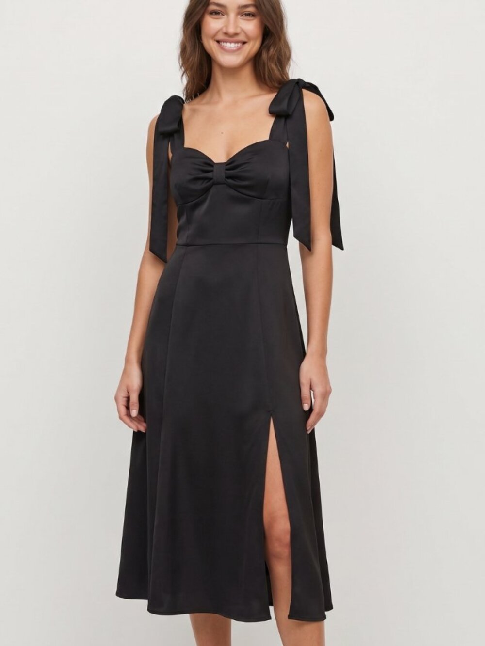 NWOT Black Tie Shoulder Sweetheart Bust Front Slit Midi A-Line Cocktail Dress Me
